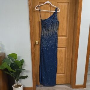 One-Shoulder Navy Sequin Prom Dress Small